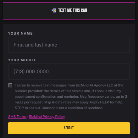 The "Text me this car" box on a vehicle page: name, mobile number, the unchecked consent checkbox with the text above, and links to SMS Terms and Privacy Policy.